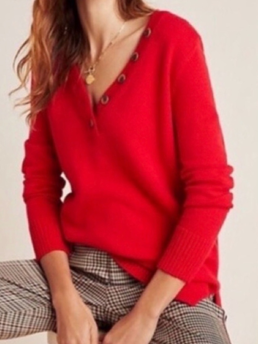 Anthropologie Vibrant Red V-Neck Button-Trim Women's Sweater, XS